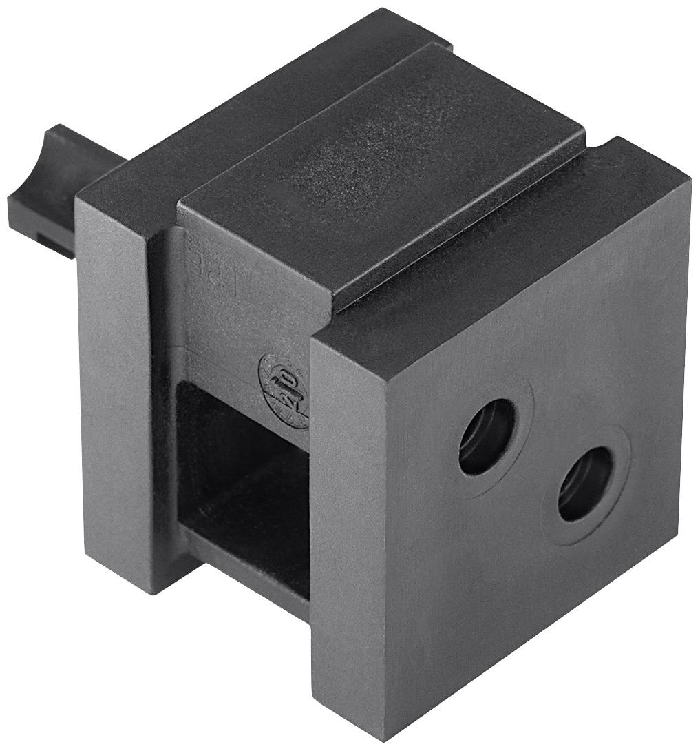 Square grey metallic machine part with two round openings and a side protrusion.
