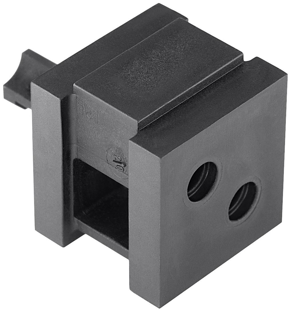 Black plastic component with a rectangular shape, two round holes and a recess, presumably a technical or mechanical part.