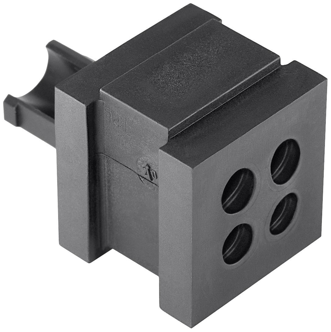 A black plastic block with four circular holes and a protruding clip on the back.