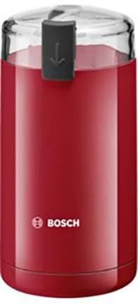 Red Bosch coffee grinder with transparent lid and black button on the top surface.