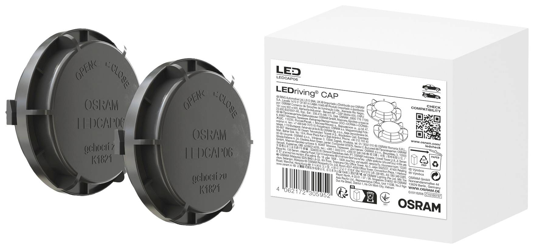 Two round OSRAM LED caps next to packaging with technical text and a QR code. Packaging displays application diagrams.