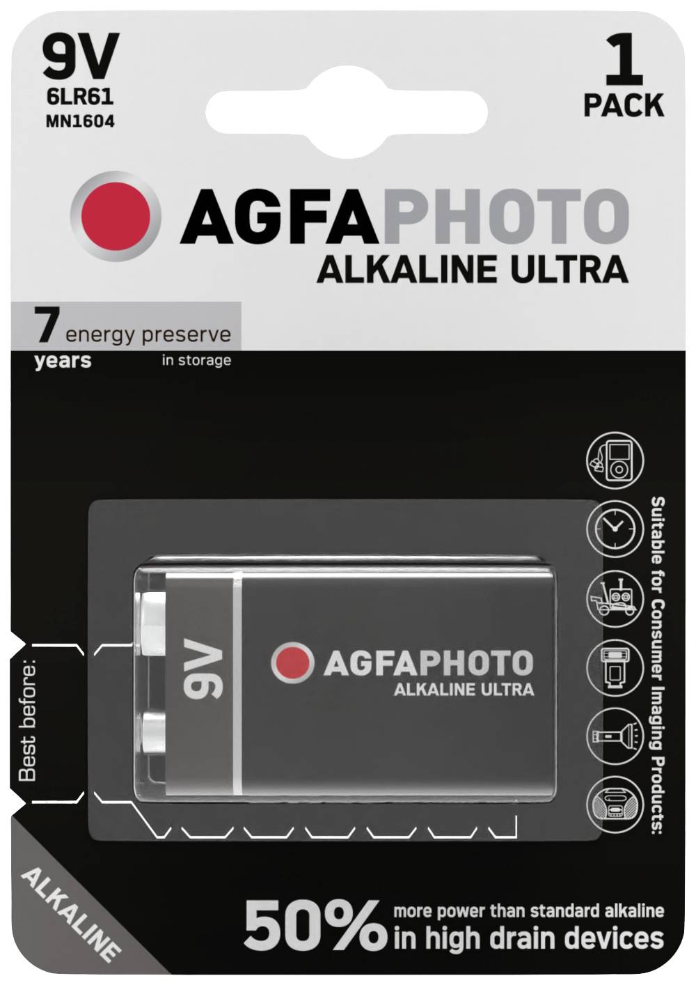 A 9V alkaline battery from AgfaPhoto in a blister pack, suitable for high-performance devices. Packaging indicates 50% more power.