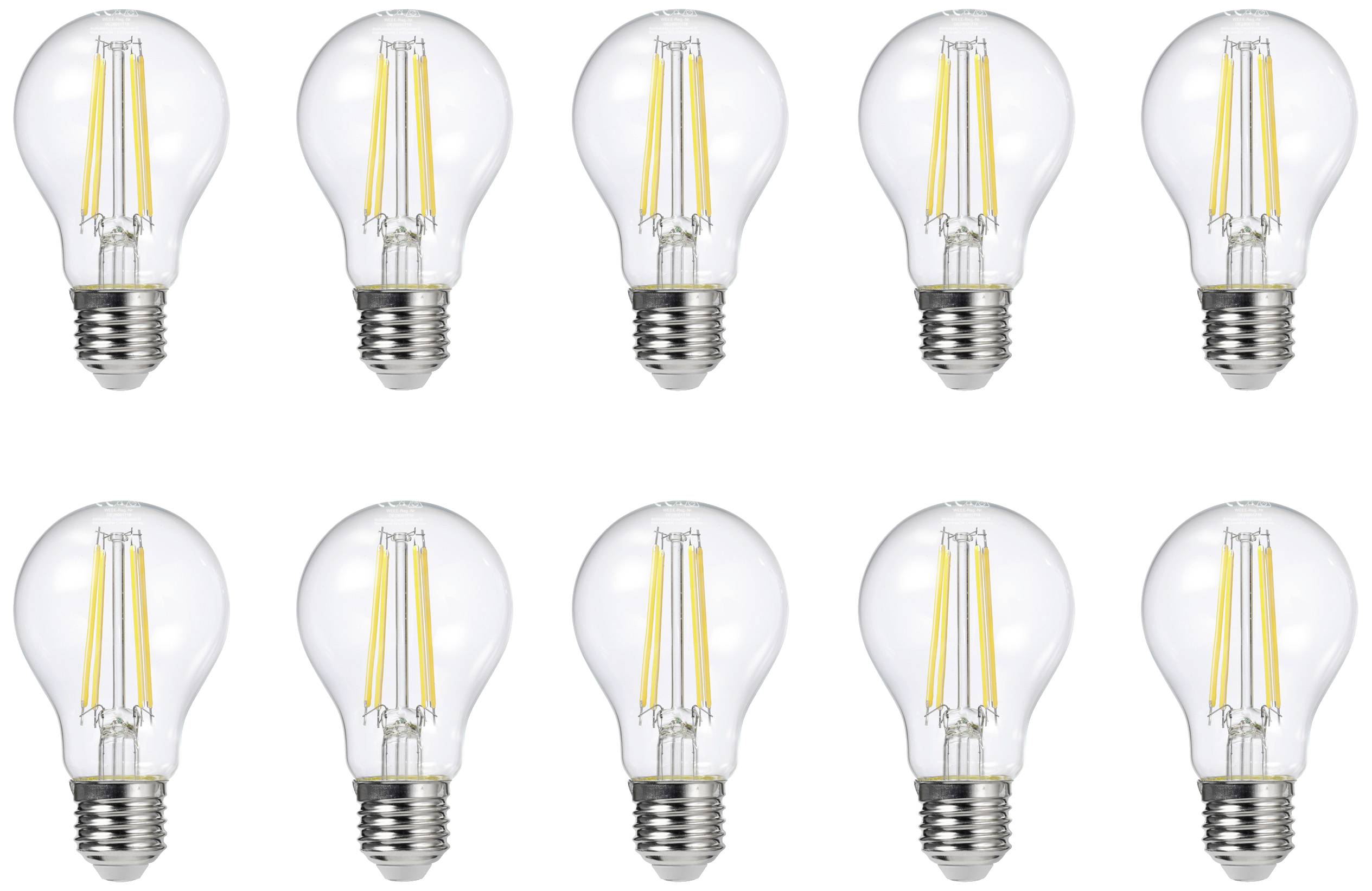 Ten light bulbs in two rows, evenly arranged. Each bulb has visible filaments and is switched on.