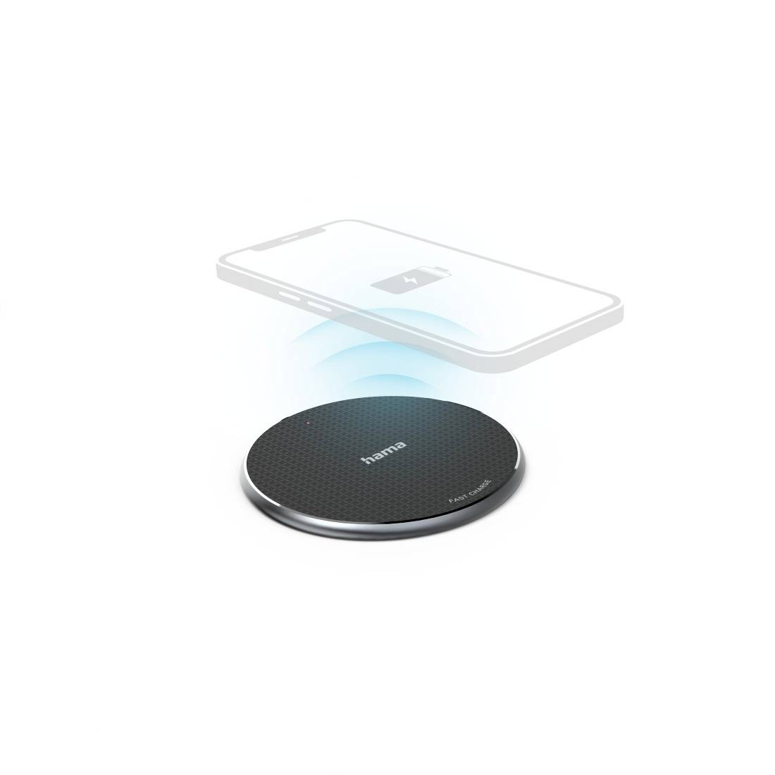 A smartphone is being wirelessly charged on a charging pad. A charging symbol indicates the progress of the charging process.