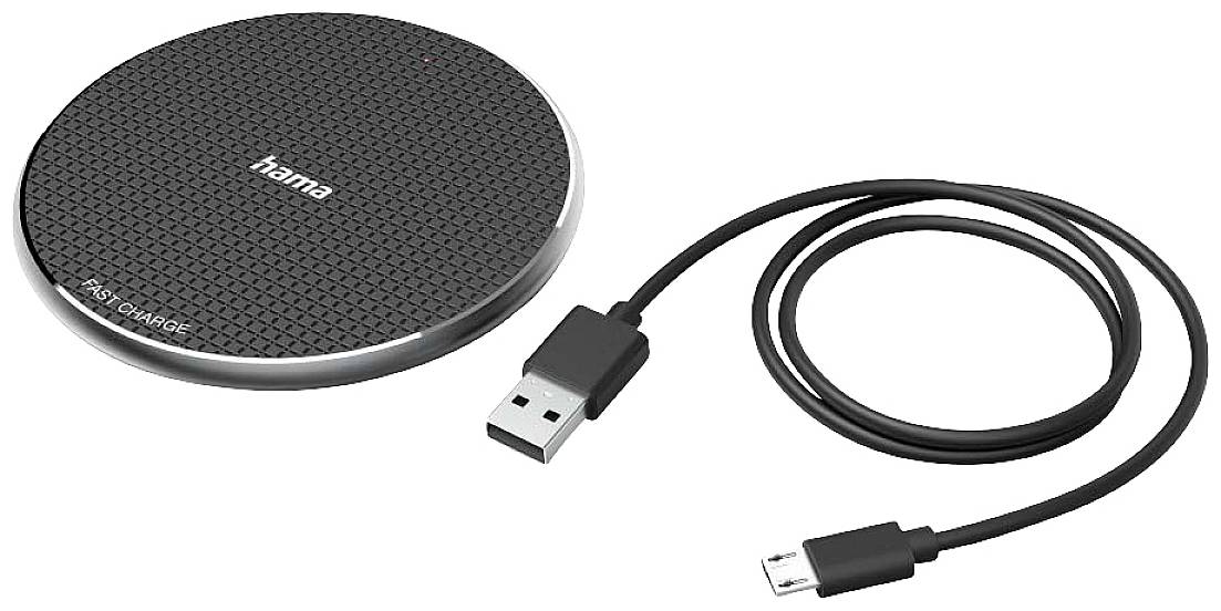 Hama wireless charger with USB cable. Black, round charging surface with textured finish and Micro-USB port.