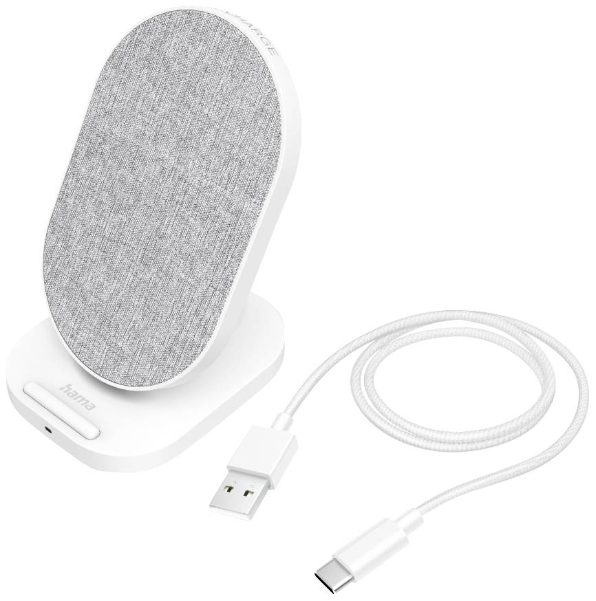 White wireless charging station with fabric surface, accompanied by a white USB-C cable. Perfect for charging a smartphone.