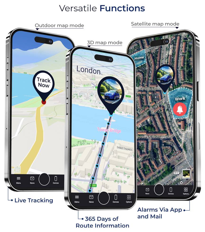 Product image of a Salind 20 4G GPS Tracker with device, packaging and smartphone app map for vehicle location tracking.