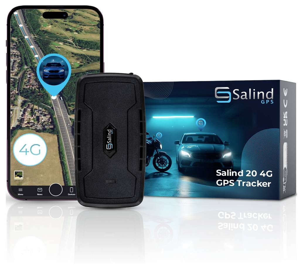Advertising graphic for situation-based alarms: Smartphone with car app on the left, on the right five alarm types for vibration, speed, geofence, low battery level and removal.