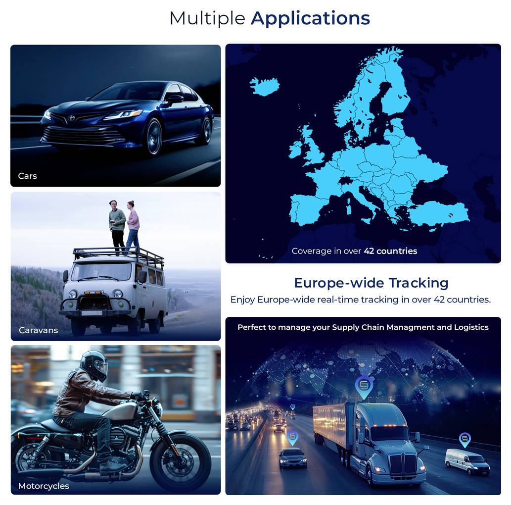 Product image of a Salind GPS tracker with packaging and smartphone app: tracking a car on a map.