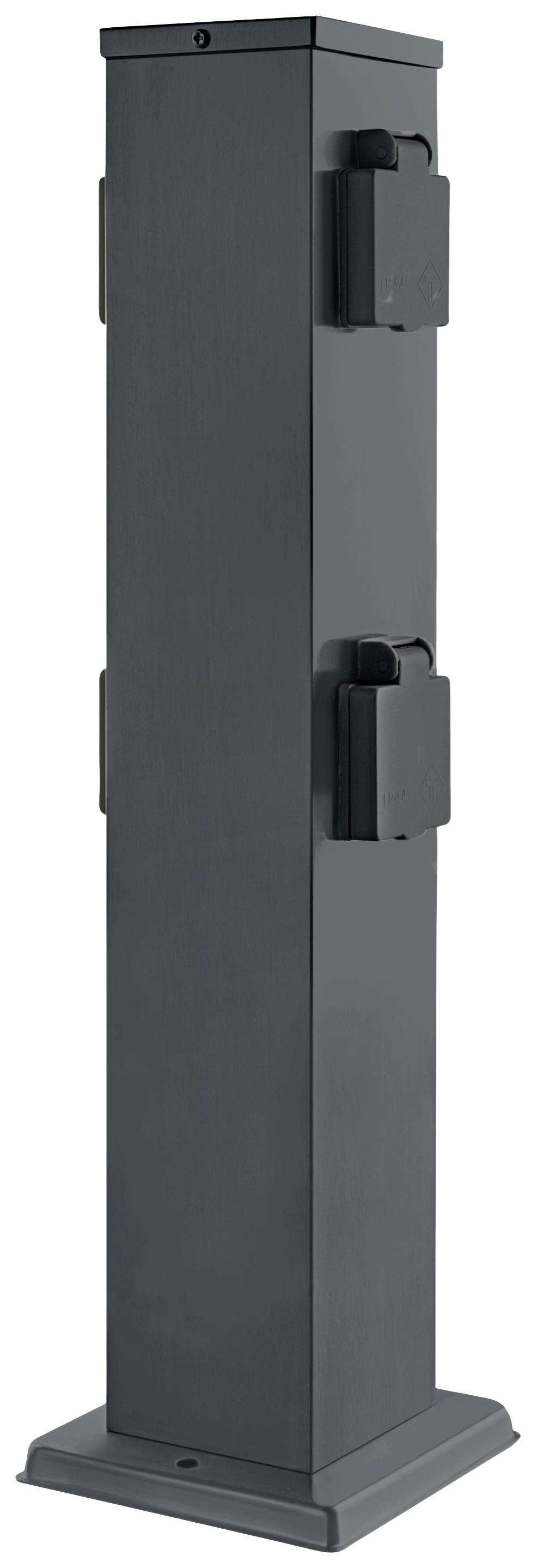 Black steel bollards in rectangular form with multiple sockets and covers, suitable for outdoor power supply.