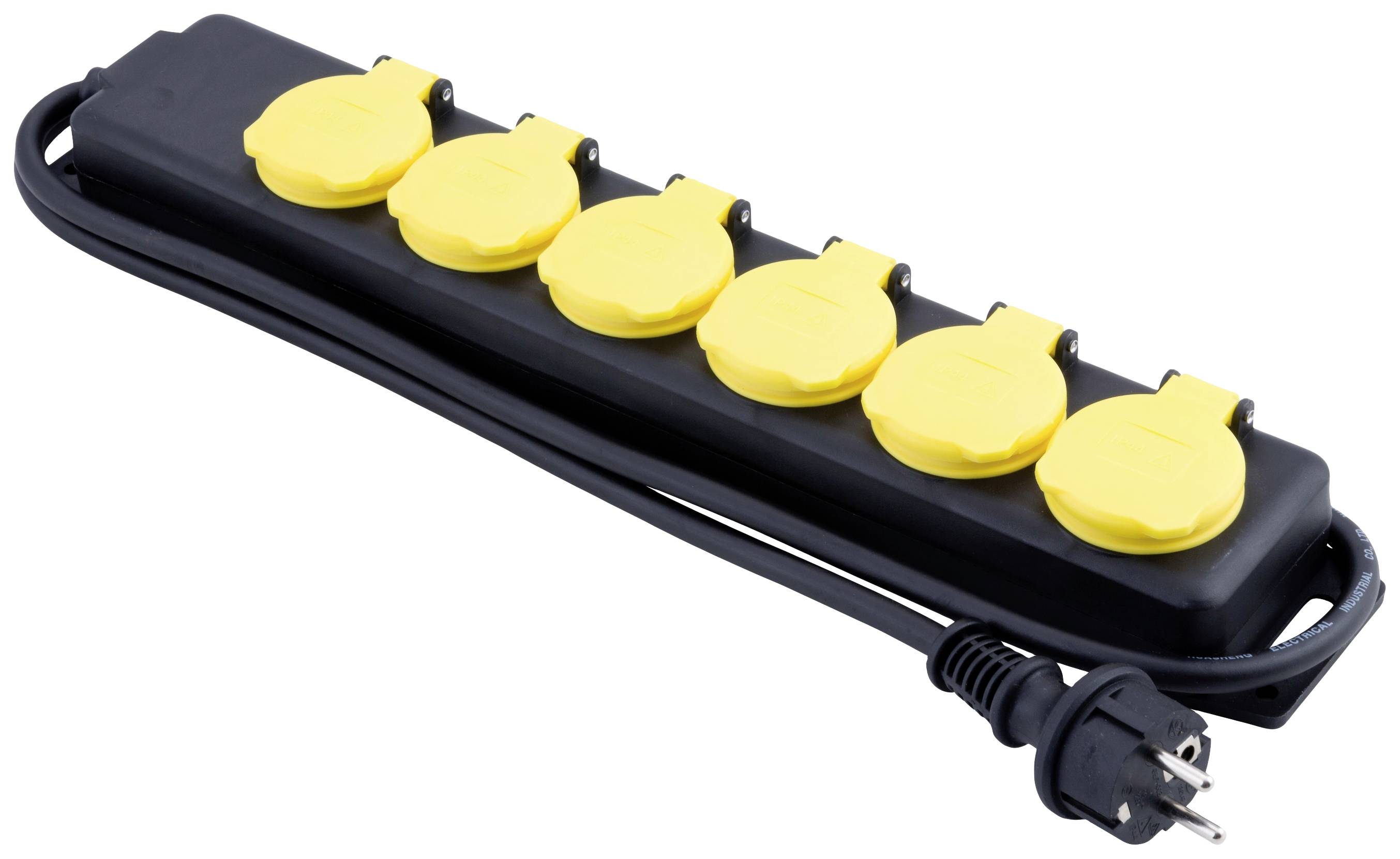 A black socket block with five yellow socket outlets and an attached black cable with a plug.