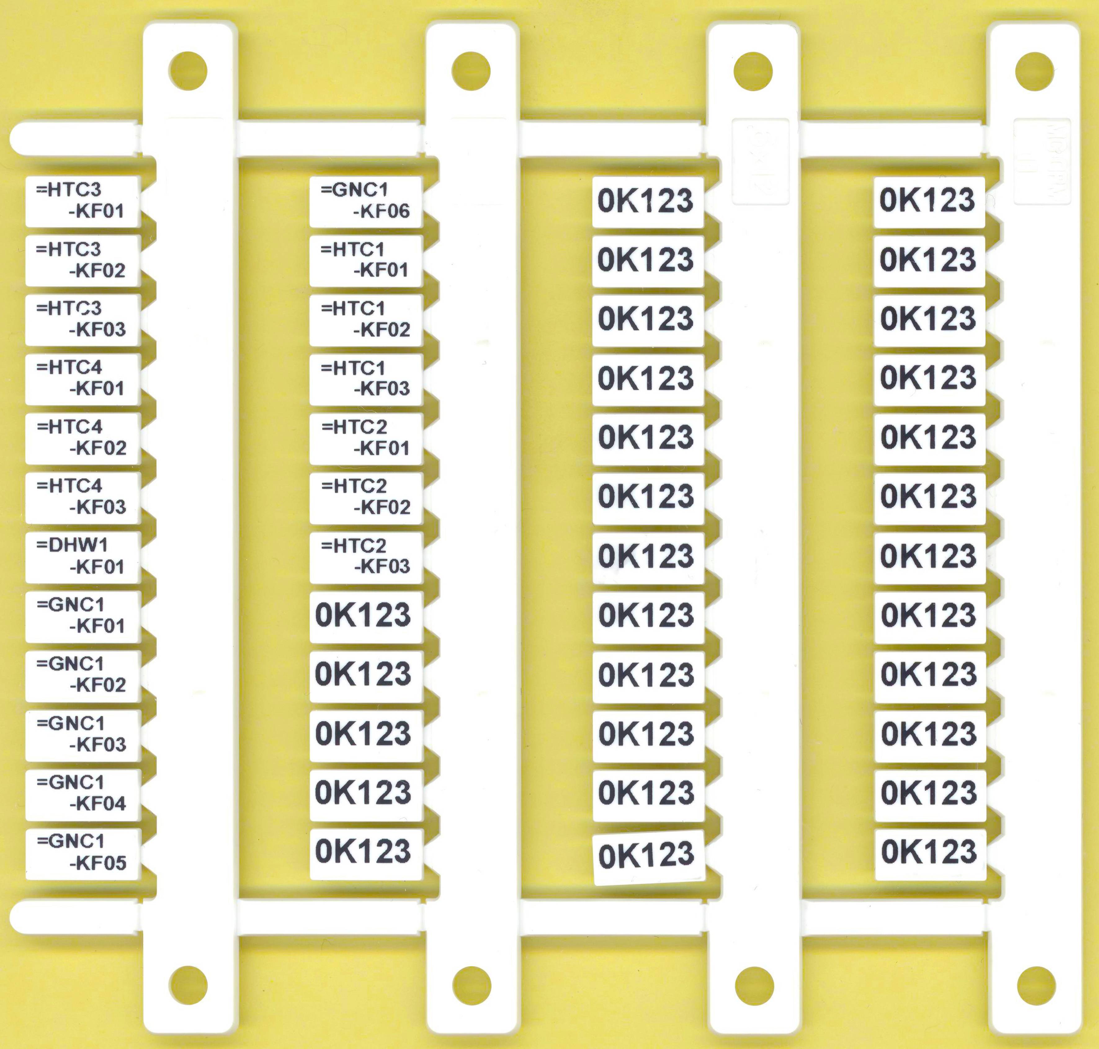 A white plastic rack with several plastic clips bearing alphanumeric codes such as 'HTC1 -KF03' and '0K123'.
