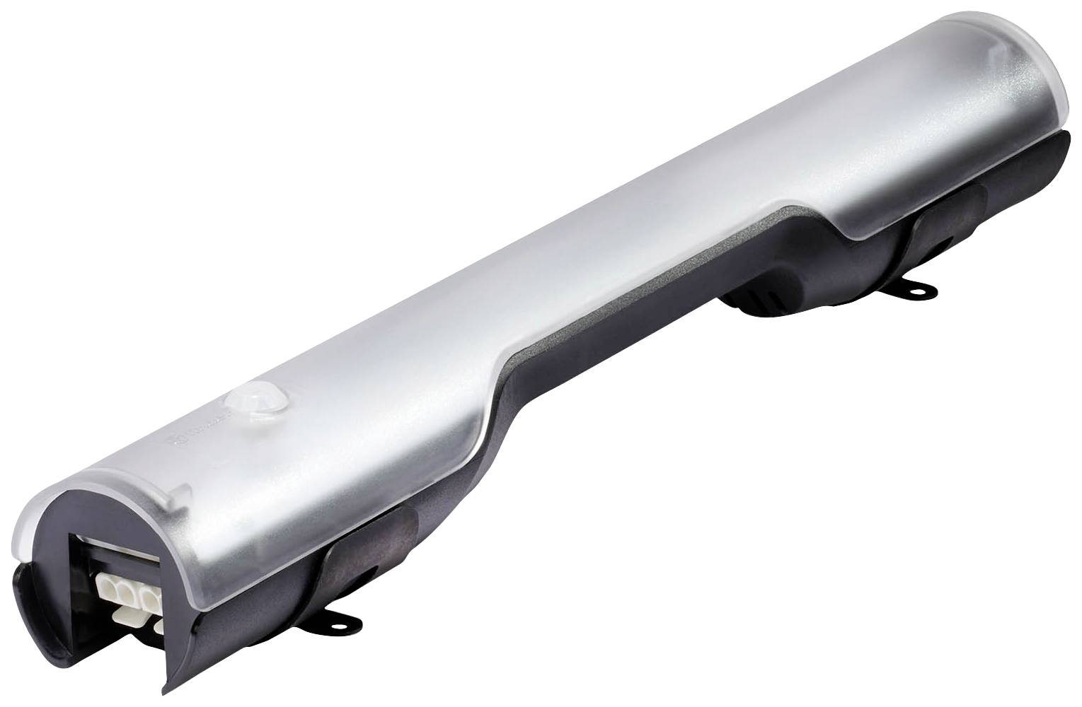 A silver, cylindrical electronic device with rounded ends, possibly a battery or technical instrument.