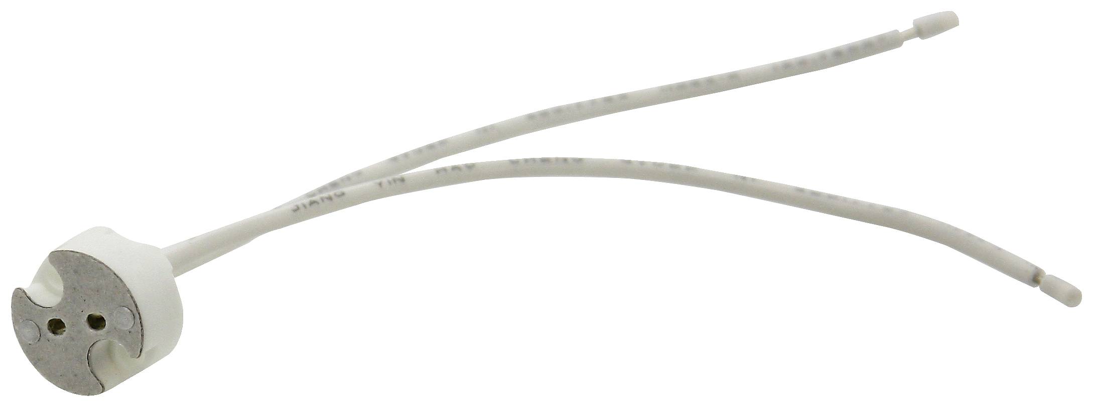 Ceramic lamp base with two long, insulated cables. Suitable for G4 and GY6.35 halogen lamps.