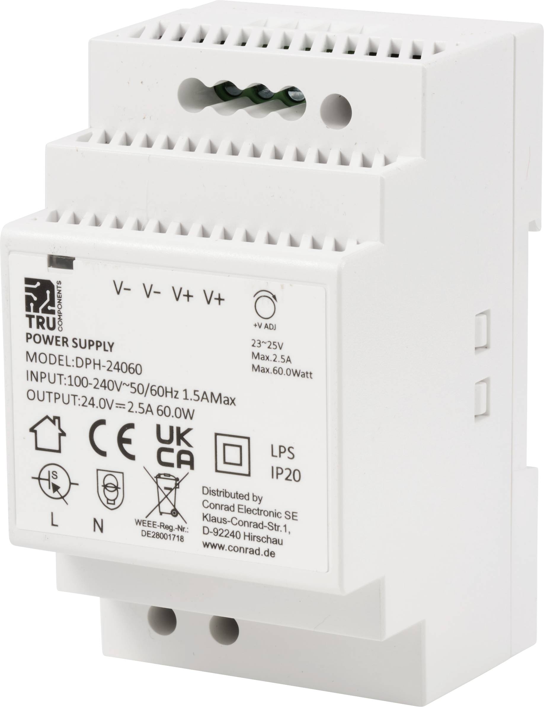 White DIN rail power supply with model number DPH-24060, suitable for inputs of 100-240V, outputs of 24.0V and 2.5A.