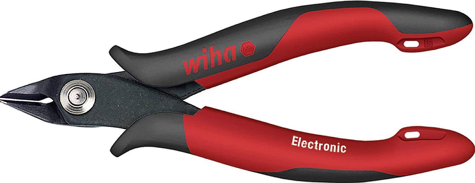 Side cutters with an ergonomic, red and black handle, suitable for electronic work.