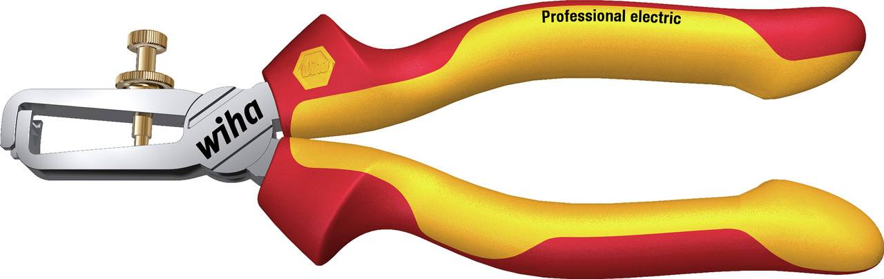 A red and yellow wire stripping pliers with 'wiha' printed on the handle; suitable for professional electrical work.