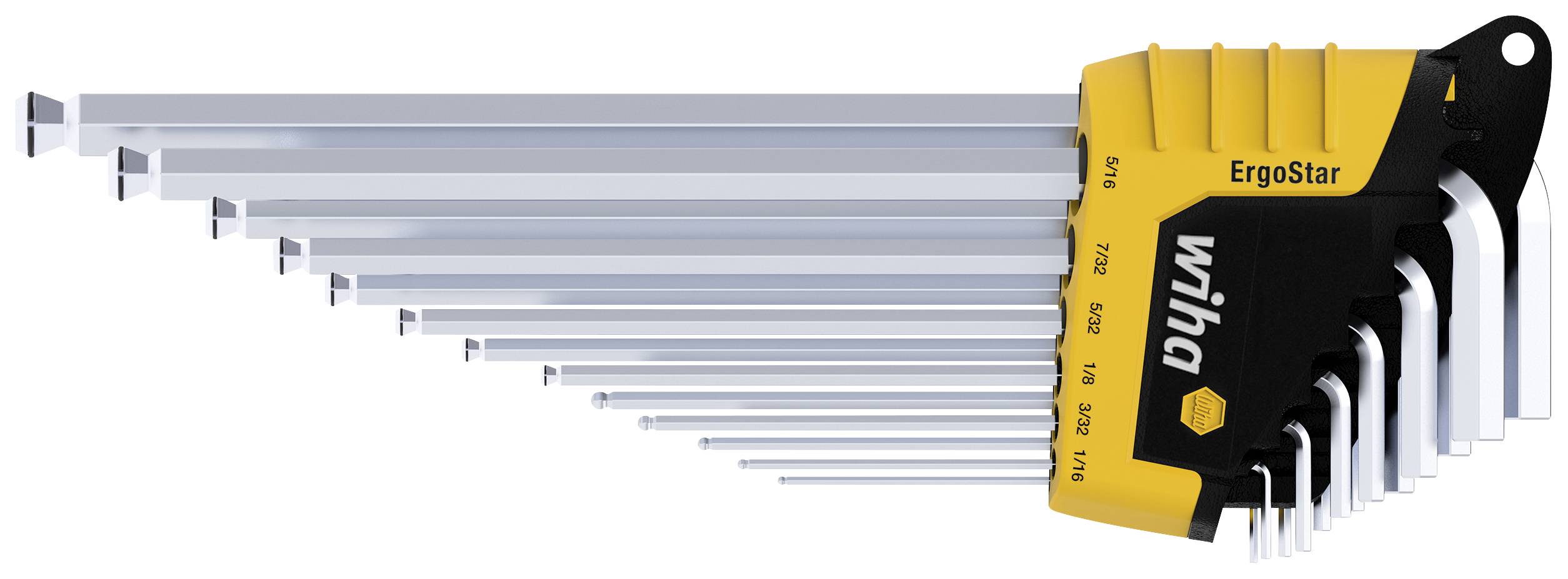 Set of 13 L-shaped hexagon keys in various sizes, arranged in a yellow and black holder.