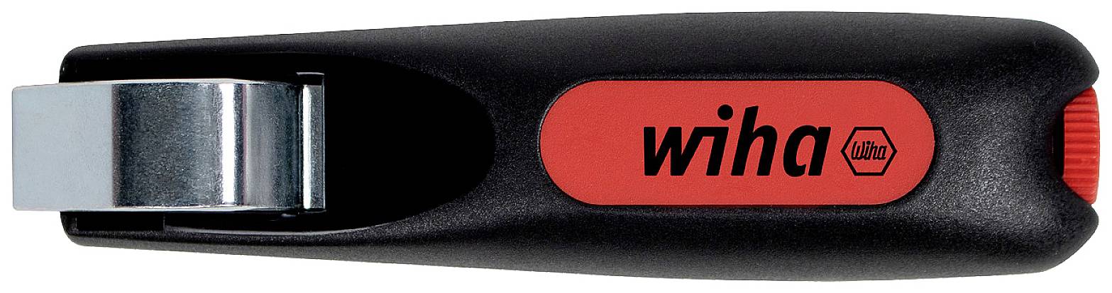 A black carpet cutter with a blade and red handle, featuring the 'wiha' logo.
