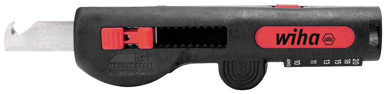 A wire stripping tool with a black housing and red button, suitable for precisely removing insulation, with a scale on the side.