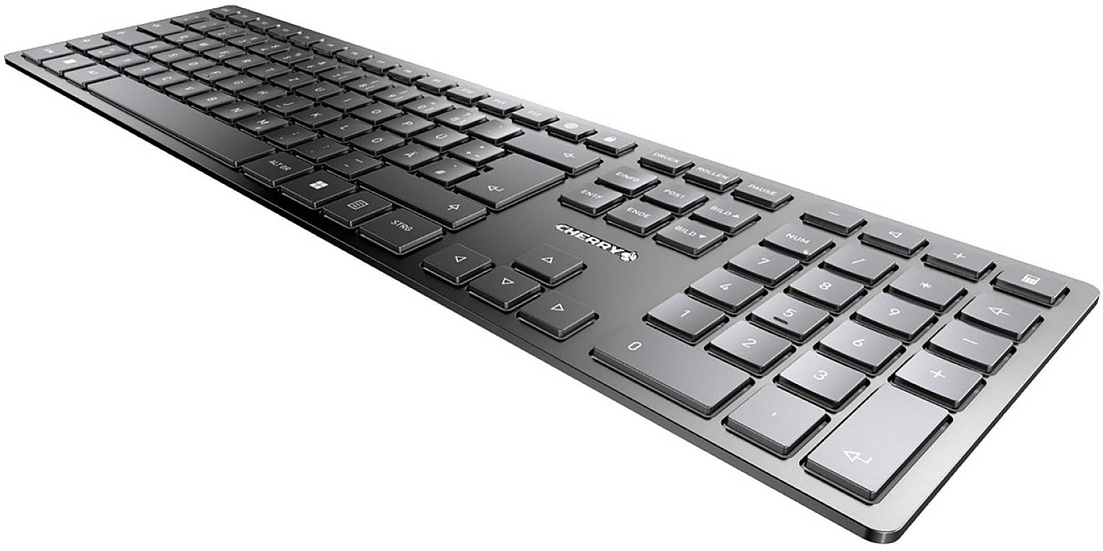 A sleek, stylish black keyboard, photographed from the side, shows the full key layout including the numeric keypad.