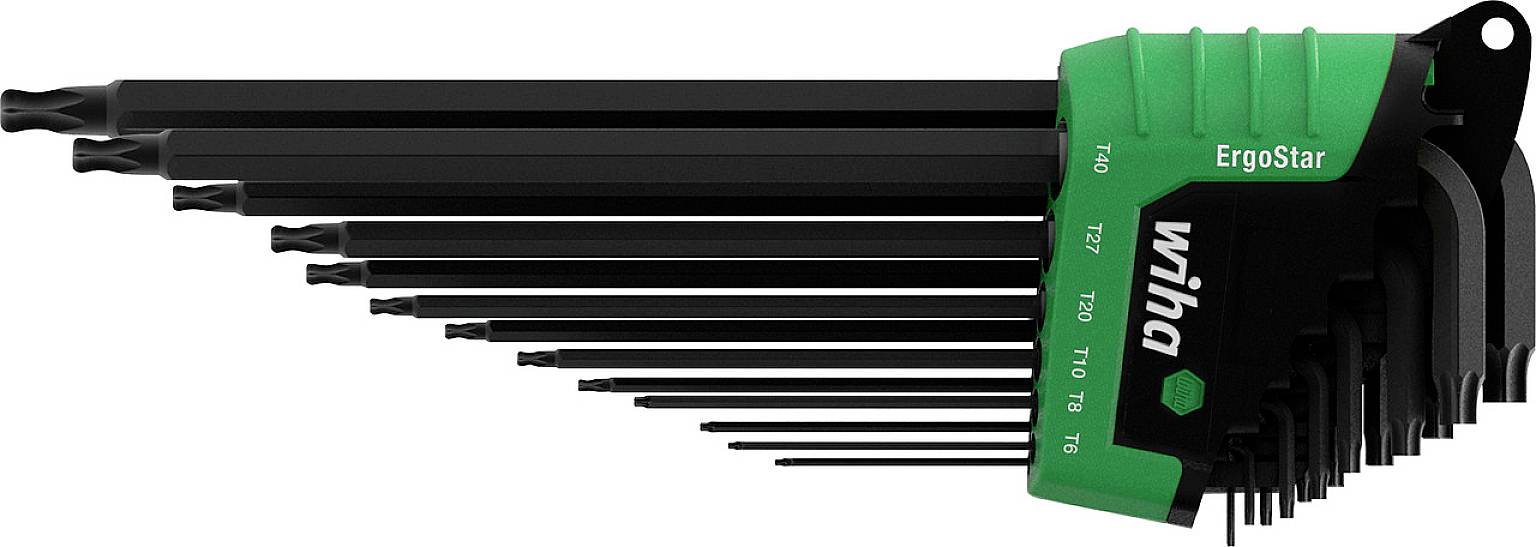 Set of hex keys in various sizes, black and green, by Wiha, arranged in a holder labelled 'ErgoStar'.