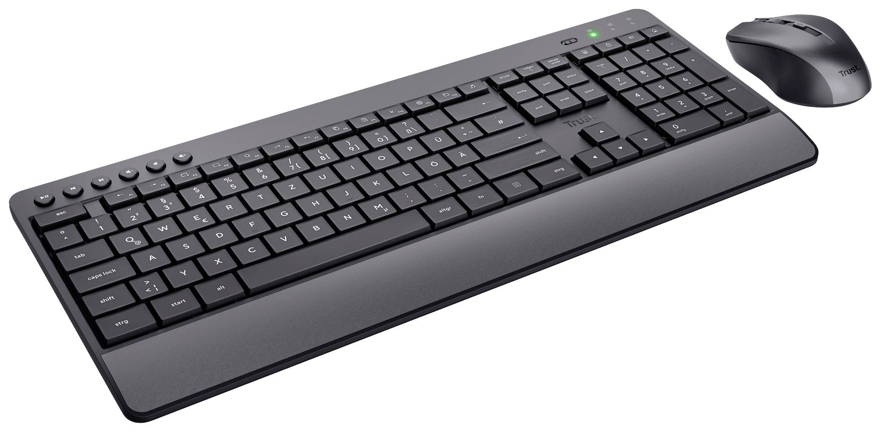 Wireless keyboard with numeric keypad and ergonomic mouse on white background. Ideal for comfortable computer work.