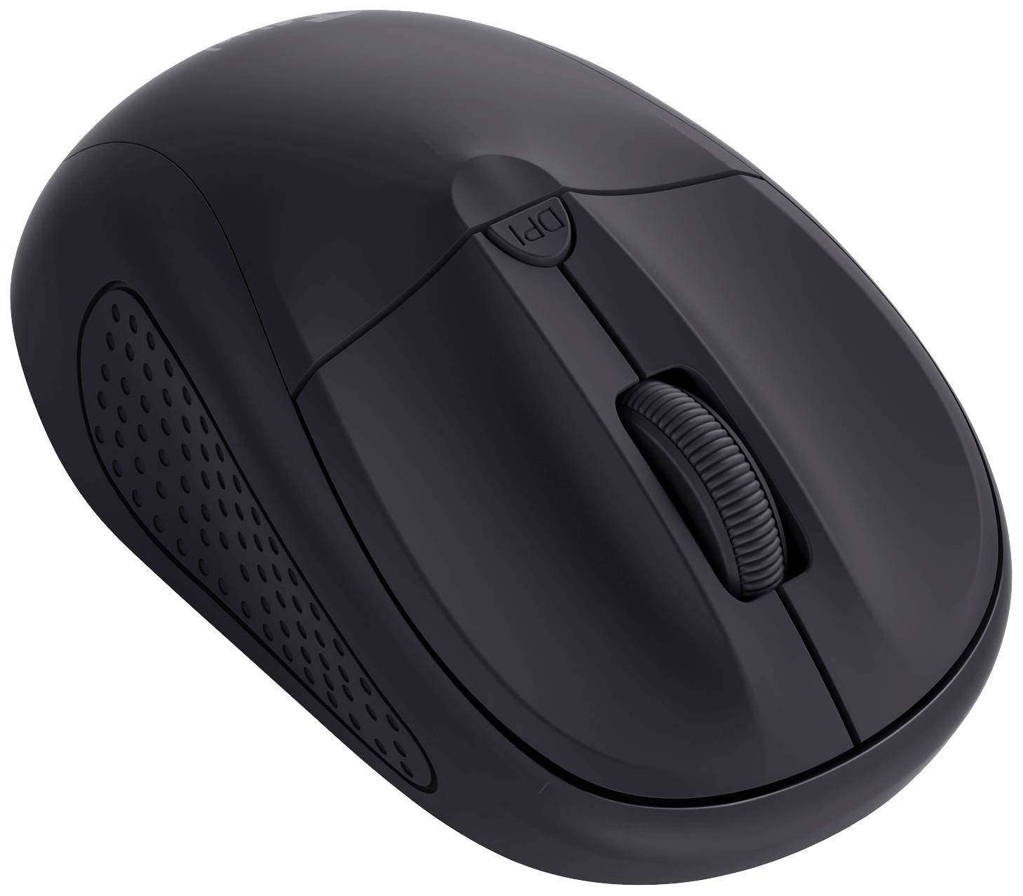 Black wireless computer mouse with ergonomic design and DPI button next to the scroll wheel. Suitable for precise navigation.