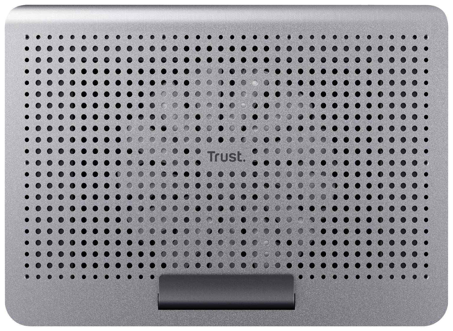 Silver laptop cooler with a perforated surface and the 'Trust' logo in the centre.