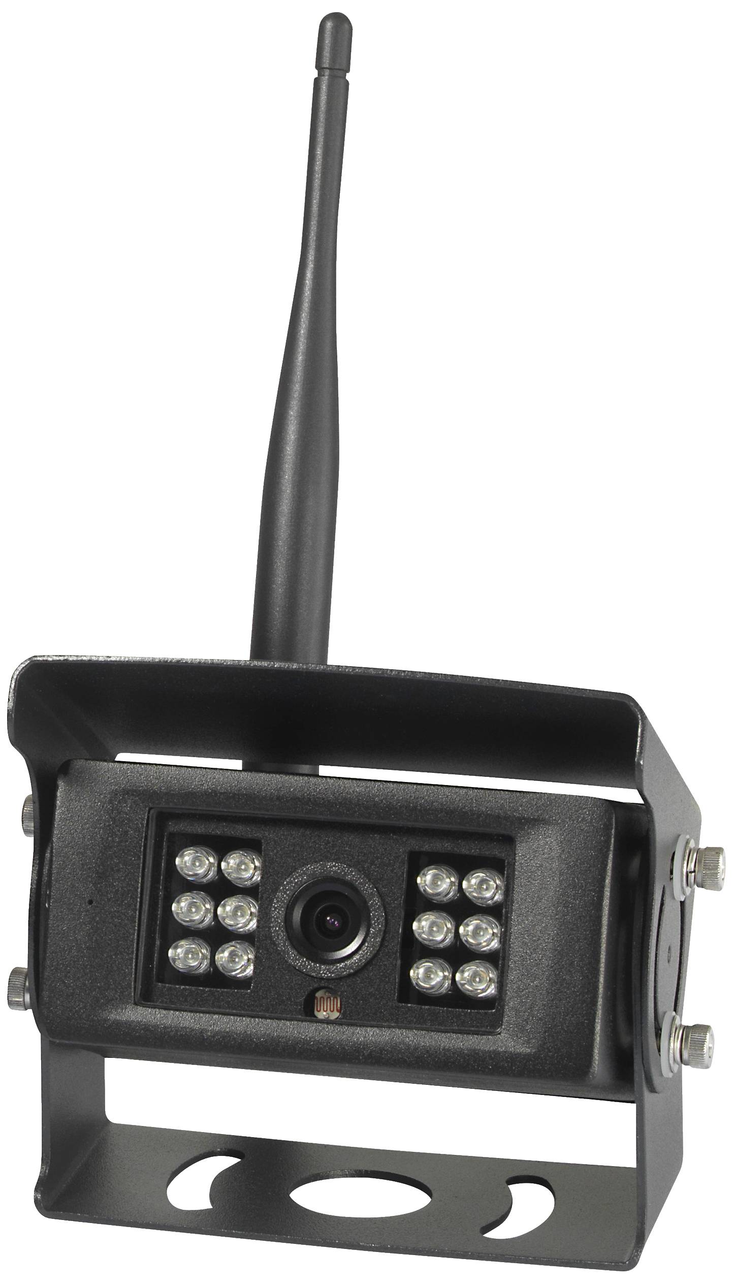Black surveillance camera with antenna and infrared LEDs for night vision, mounted on a metal bracket for outdoor use.