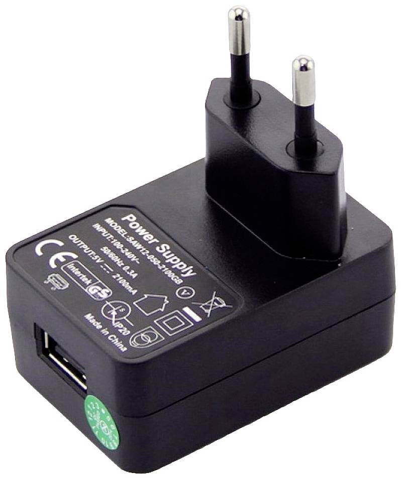 Black USB charger with EU plug and printed technical specifications. Used for charging electronic devices.(Note: The translation is already in British English and requires no significant changes.)