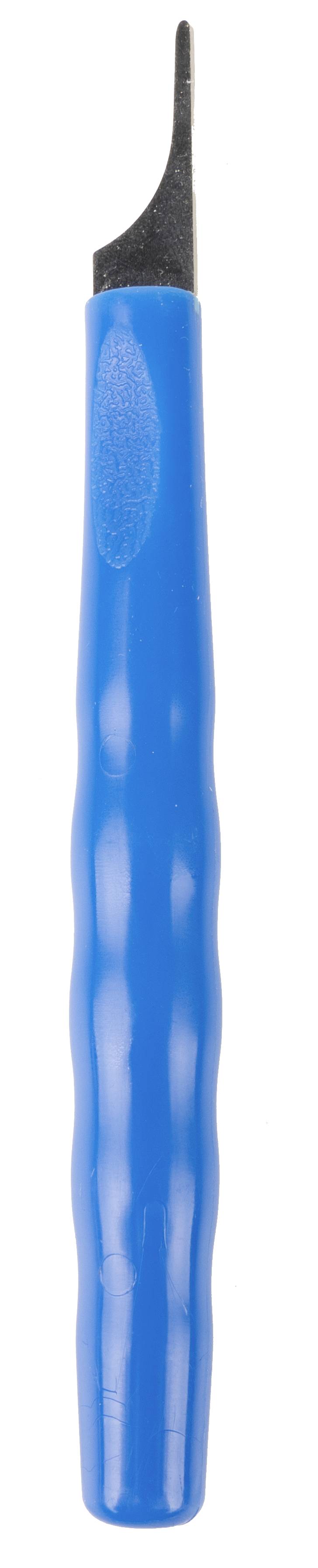 Blue plastic tool with a black, curved tip, potentially suitable for carving or cutting work.
