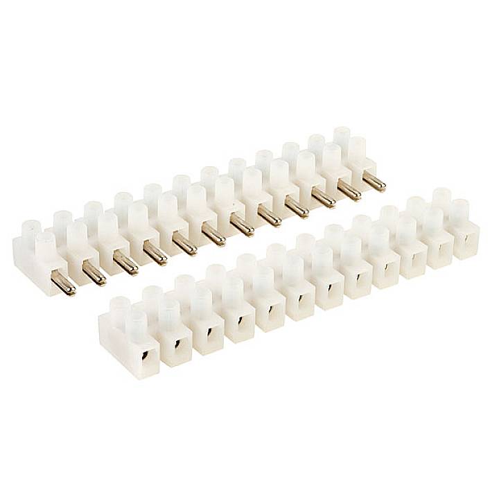 Two white rows of cable clamps, lying side by side. Each row has ten clamps with metal contacts for electrical connections.