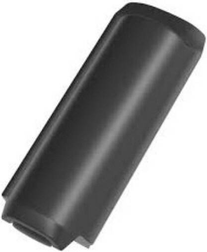 A black cylindrical object with bevelled edges, possibly a technical or mechanical component.