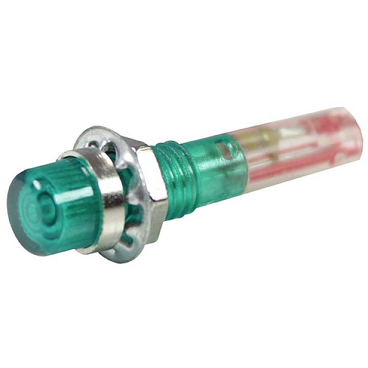 A green LED push switch with a metallic housing for electronic applications, photographed against a white background.