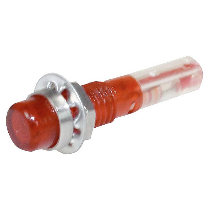 A red LED diode holder made of plastic and metal, suitable for mounting in electronic projects.