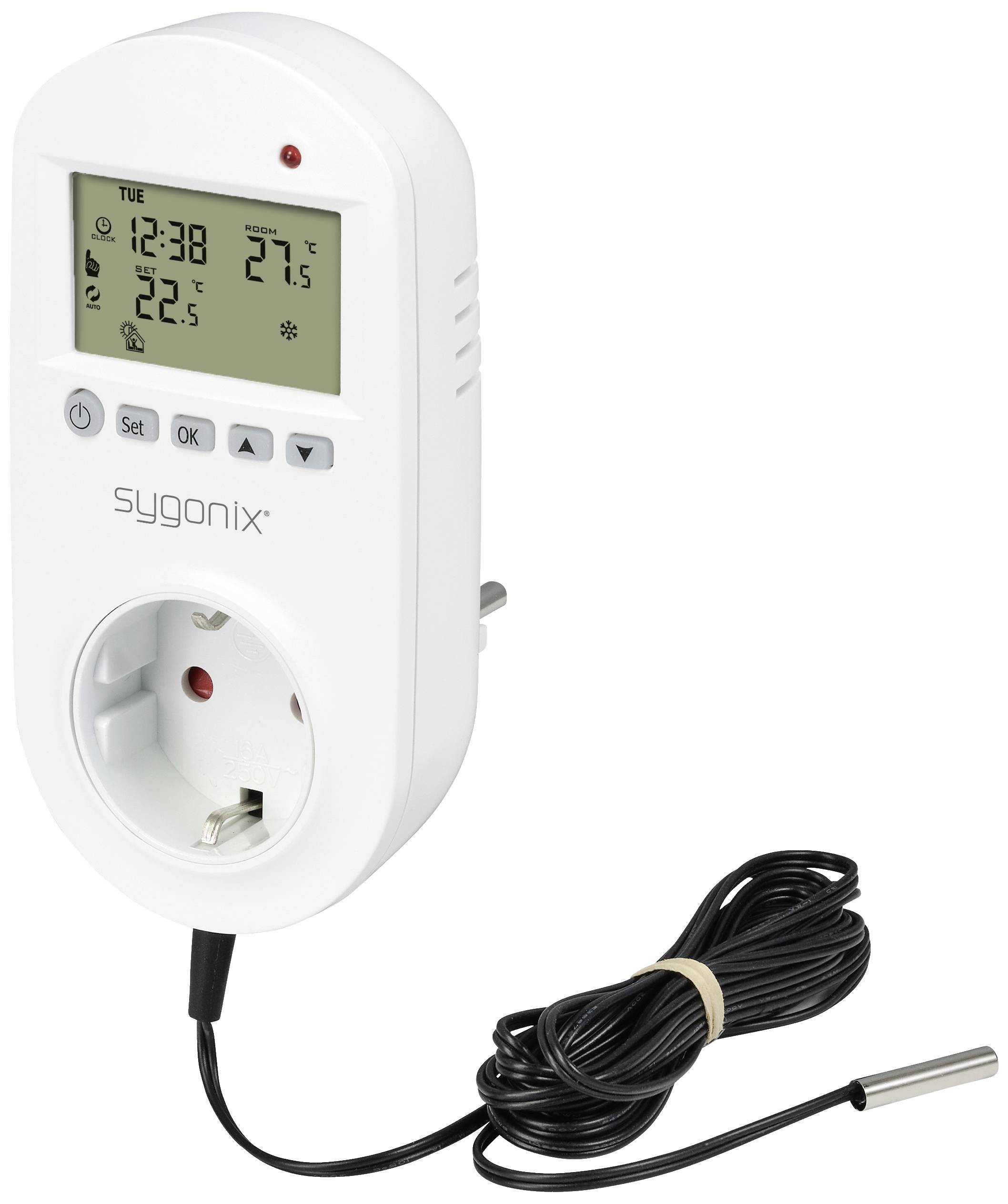 A digital thermostat plug by sygonix with display shows time, current and set temperature. Cable with sensor attached.