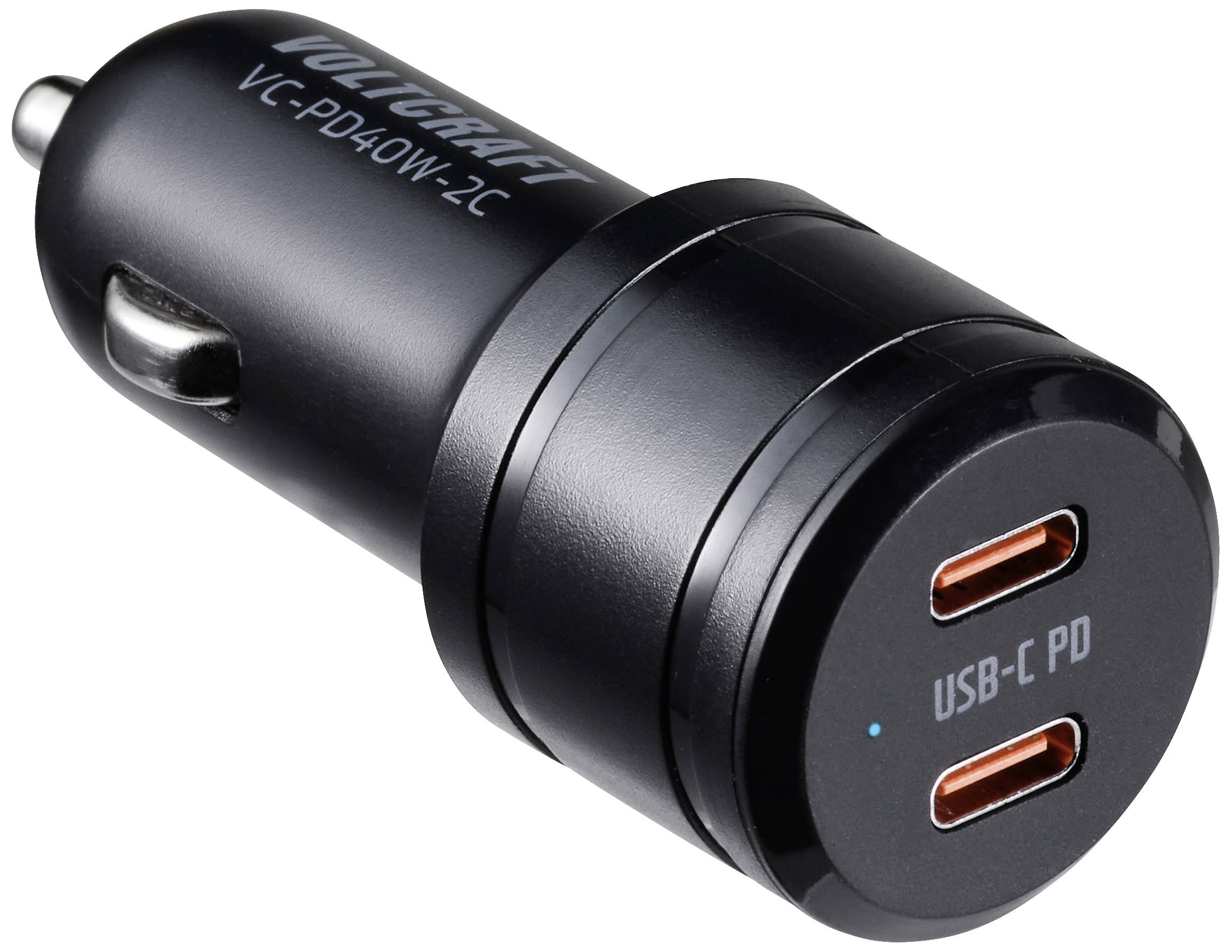 A black car charger with two USB-C ports. Inscription: 'VOLCRAFT VC-PD40W-2C' and 'USB-C PD'.