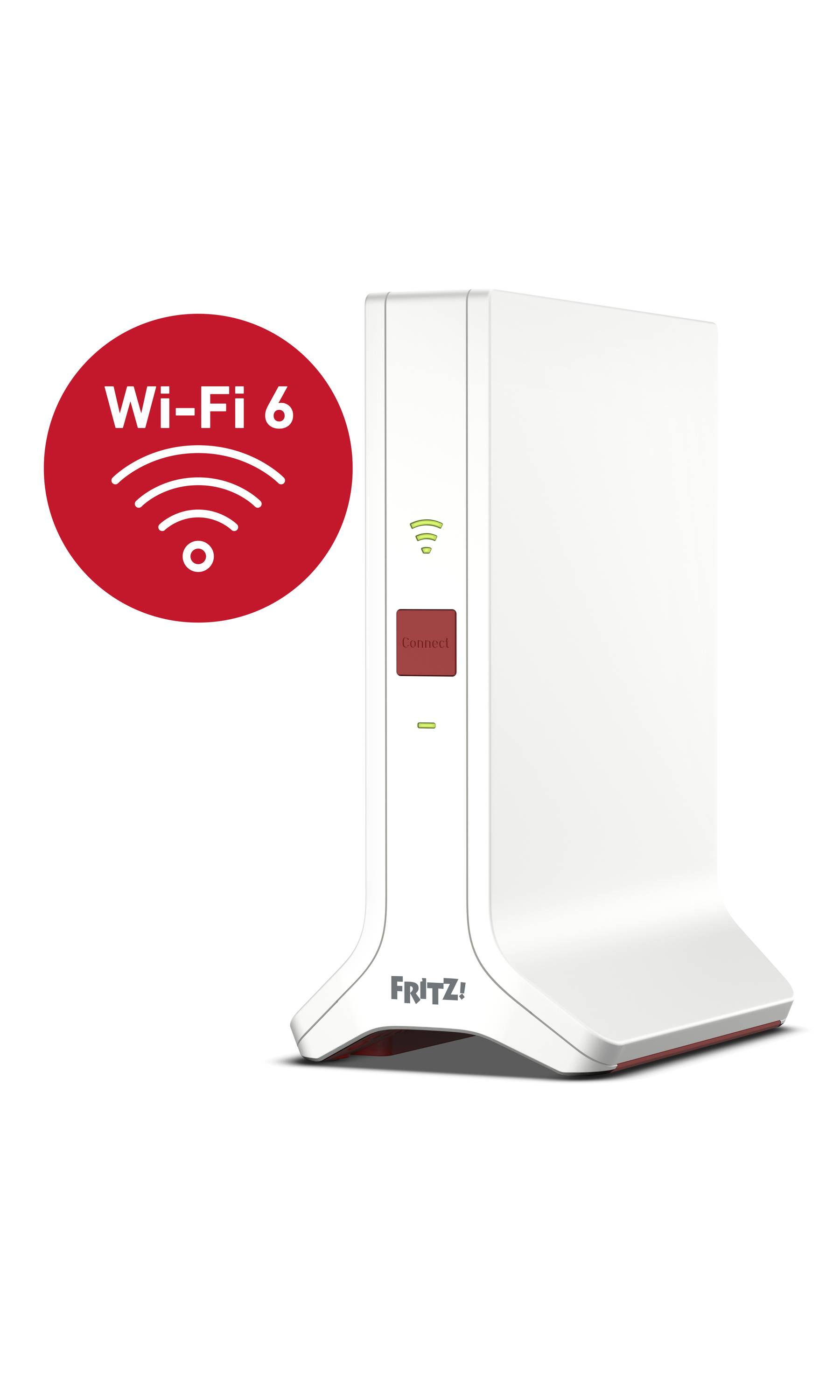 Fritz Repeater with Wi-Fi 6 logo. White, upright device with ventilation slots, LED indicators, and red WLAN symbol.