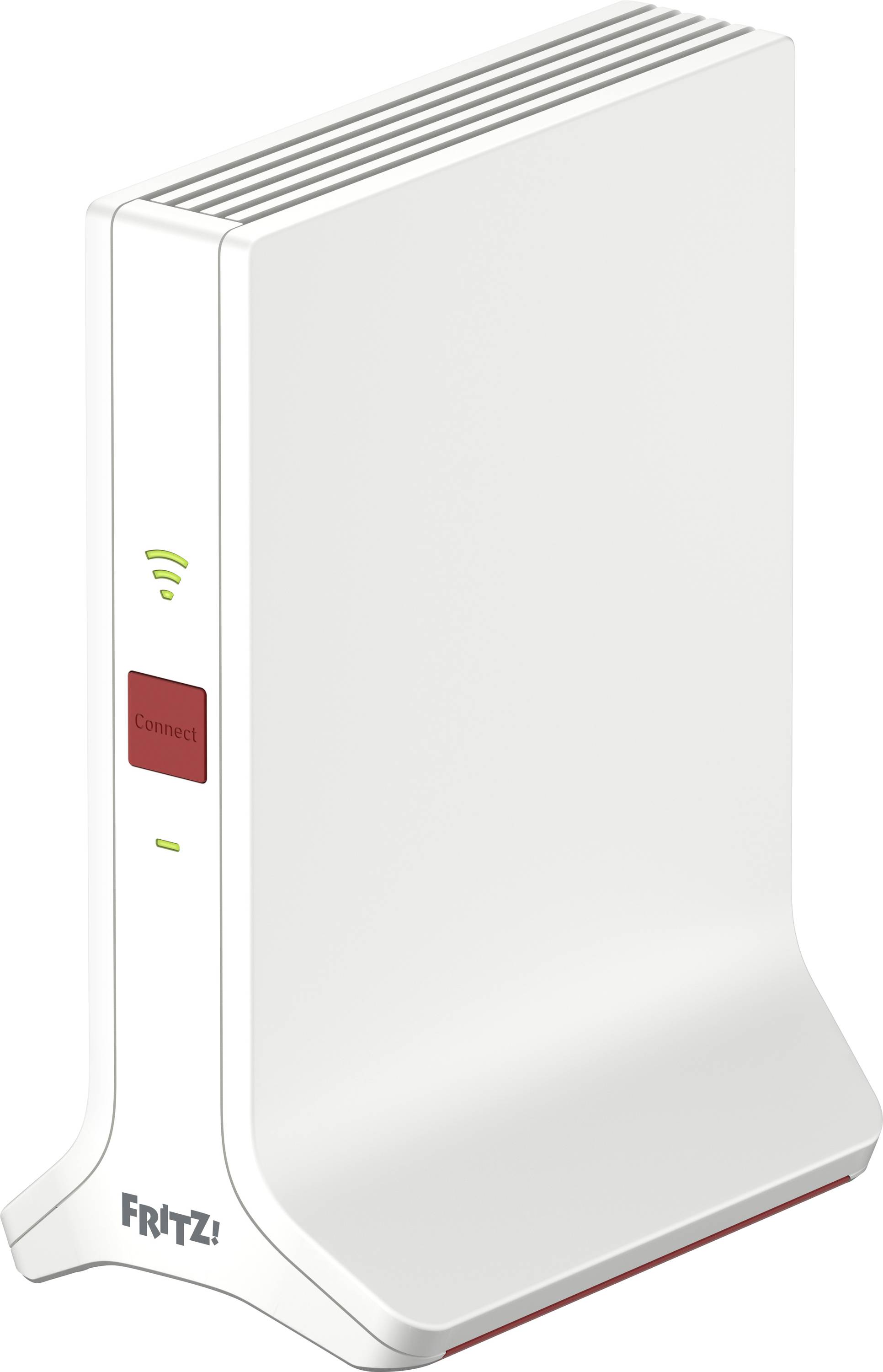 A white router with red accents and ventilation slots, positioned vertically. The brand name 'FRITZ!' visible in the bottom left.