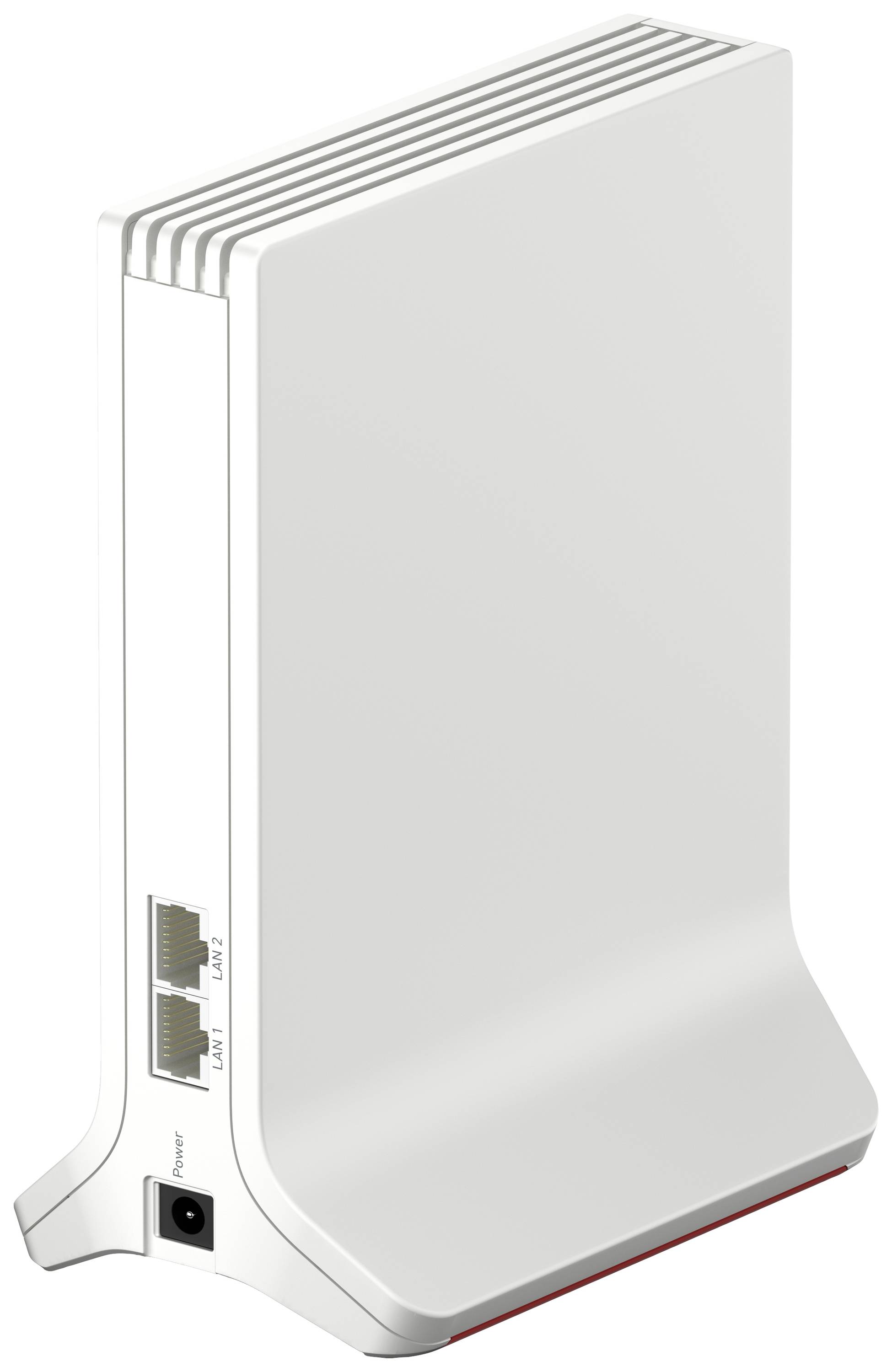 A white Wi-Fi router with two Ethernet ports and a power connection at the back.