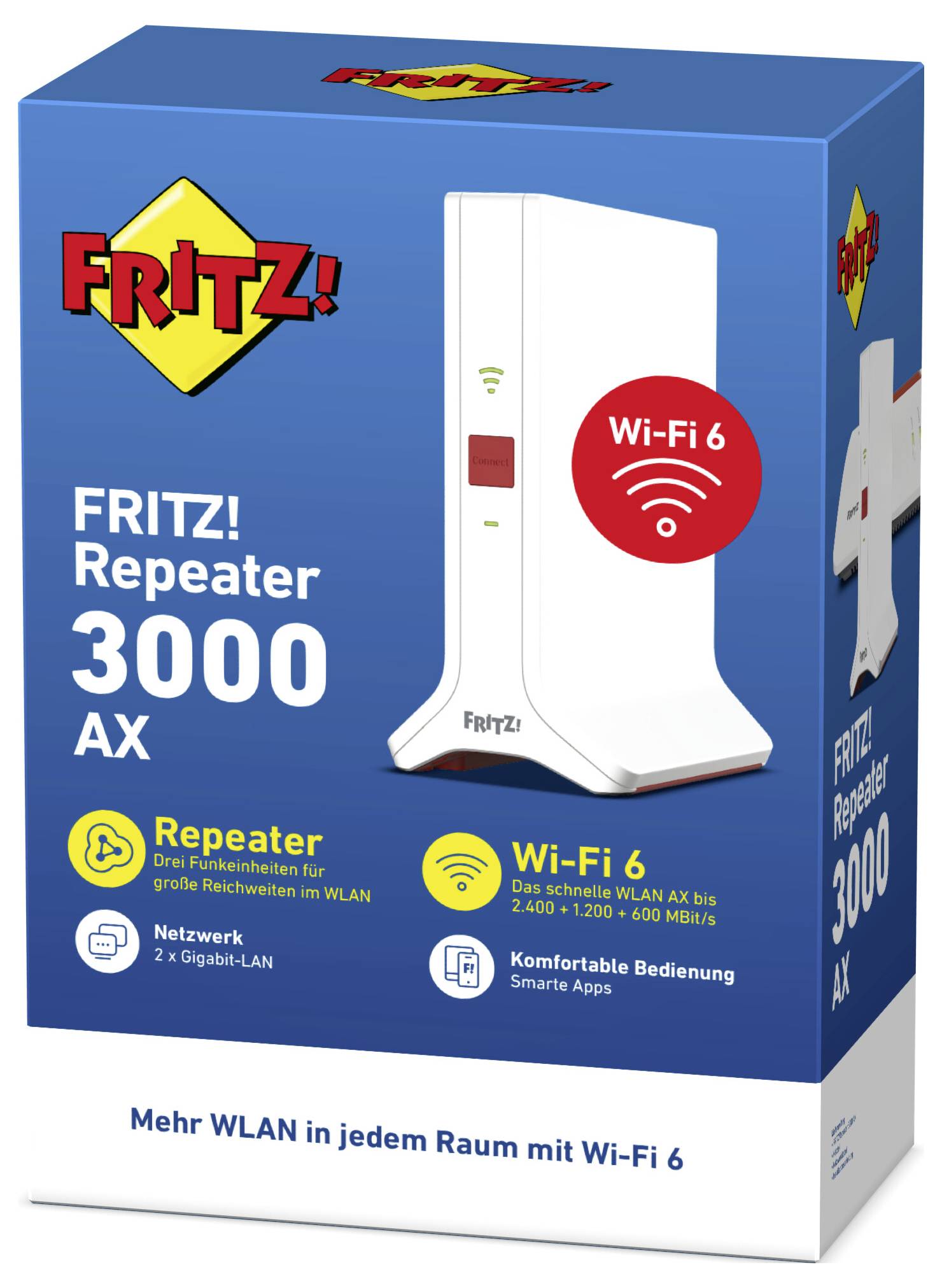 A packaging for a 'FRITZ! Repeater 3000 AX'. The box highlights Wi-Fi range, Wi-Fi 6, and convenient operation.