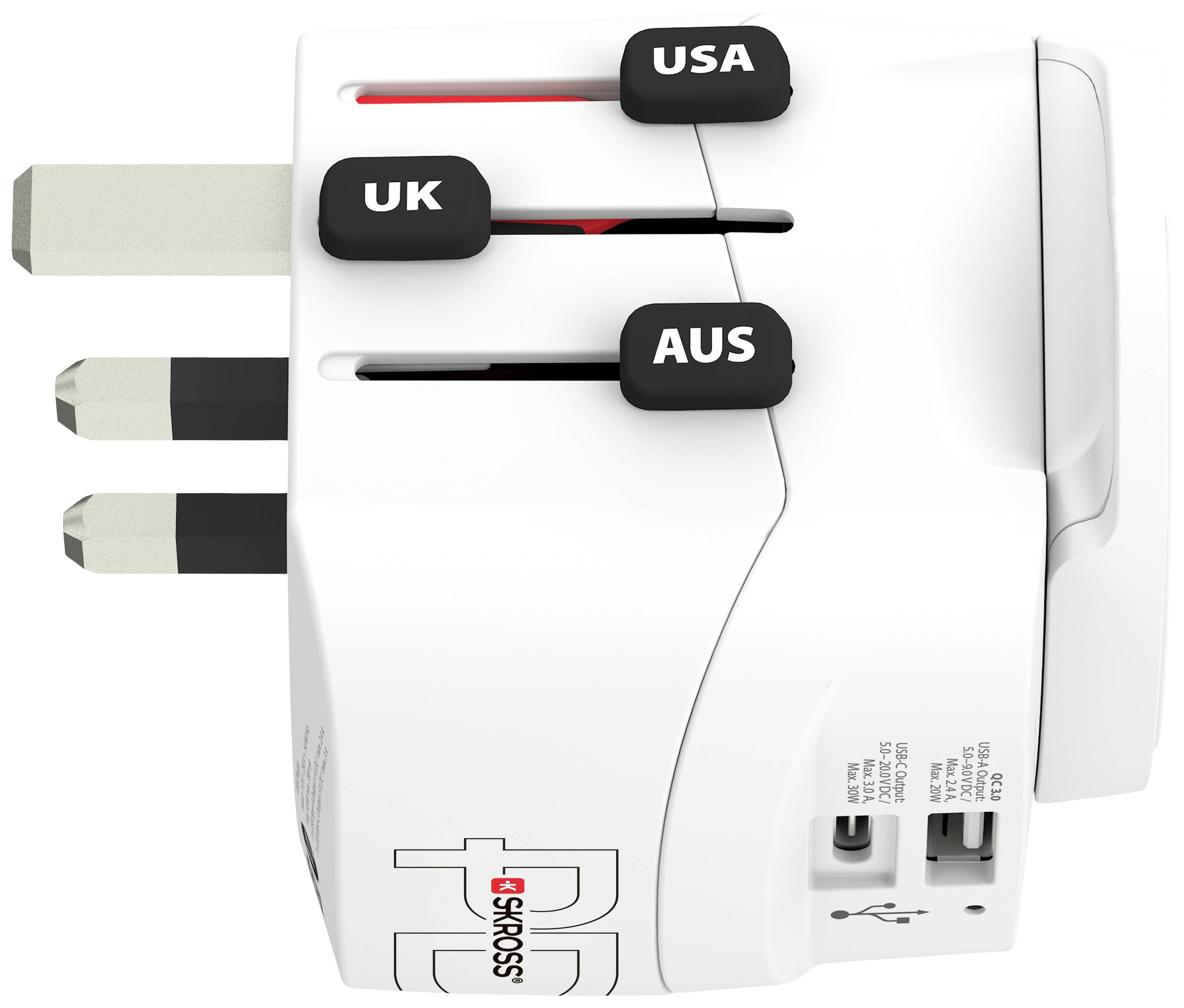A travel adaptor with extendable plugs for the UK, USA, and Australia. Displays USB ports and a country selection switch.