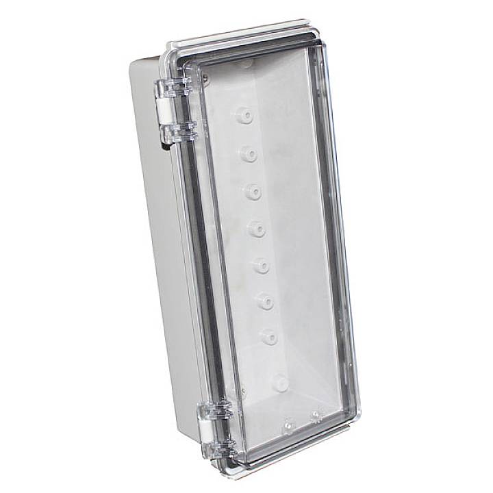 Transparent plastic case with hinged lid, suitable for protecting electronic devices from dust and moisture.