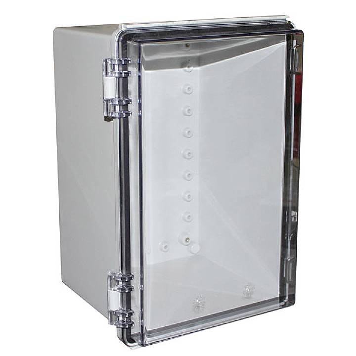 Rectangular, white plastic box with a transparent, hinged lid that can be folded open, with hinges located on the left side.