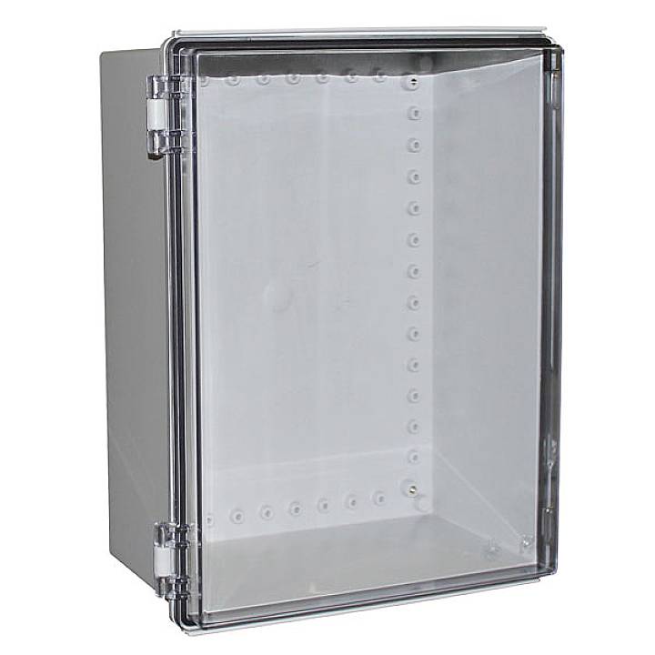 Electronic enclosure with a transparent lid, closed metal frame and hinges on the left side, suitable for wall mounting.