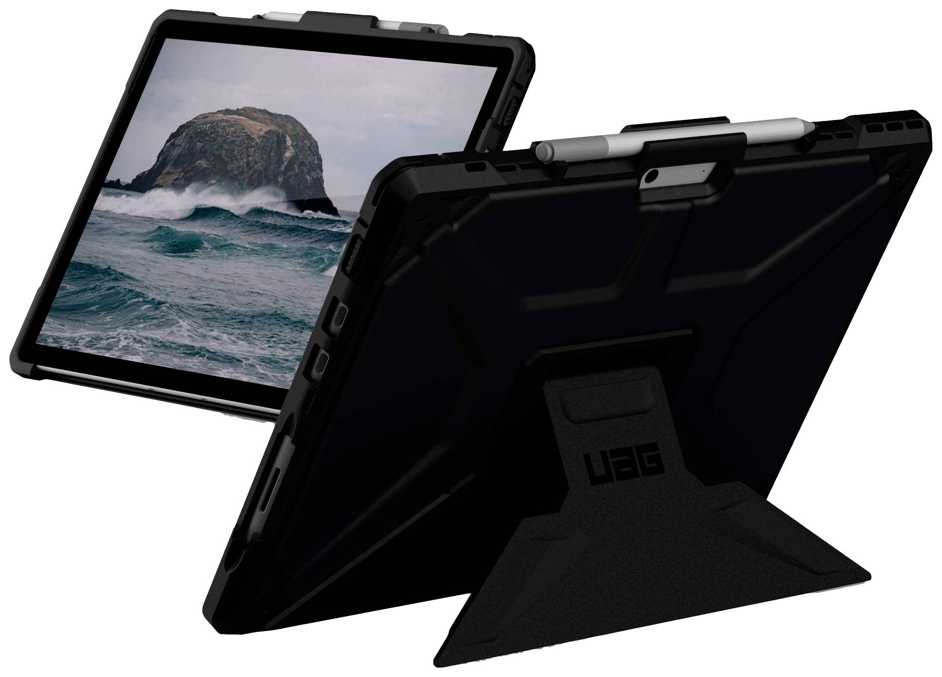 A black tablet in a robust stand, front screen displaying an image of a rocky island in the sea. A pen is attached at the top.