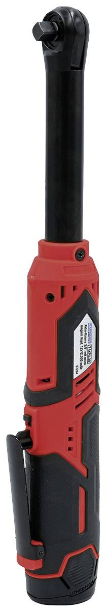 Precision screwdriver with red and black casing. Long, narrow head for accessing tight spaces. Battery-powered.