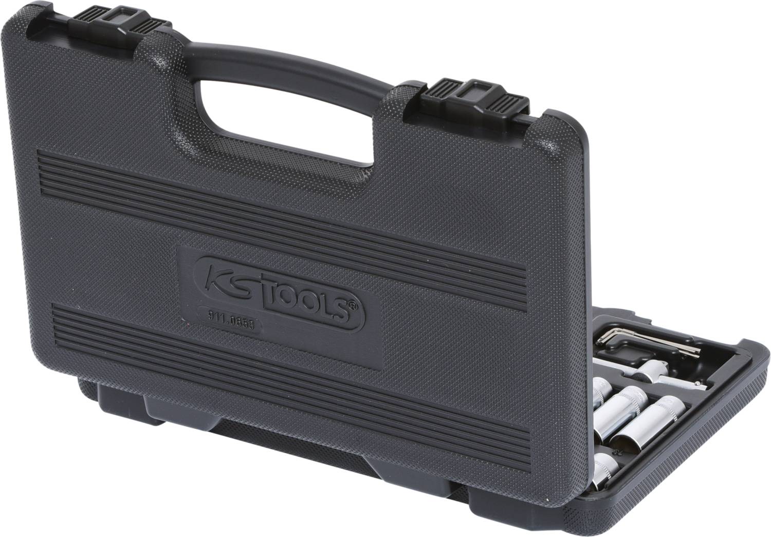 A black tool case with handle, partially open to reveal some tools. Label reads: 'KS Tools'.