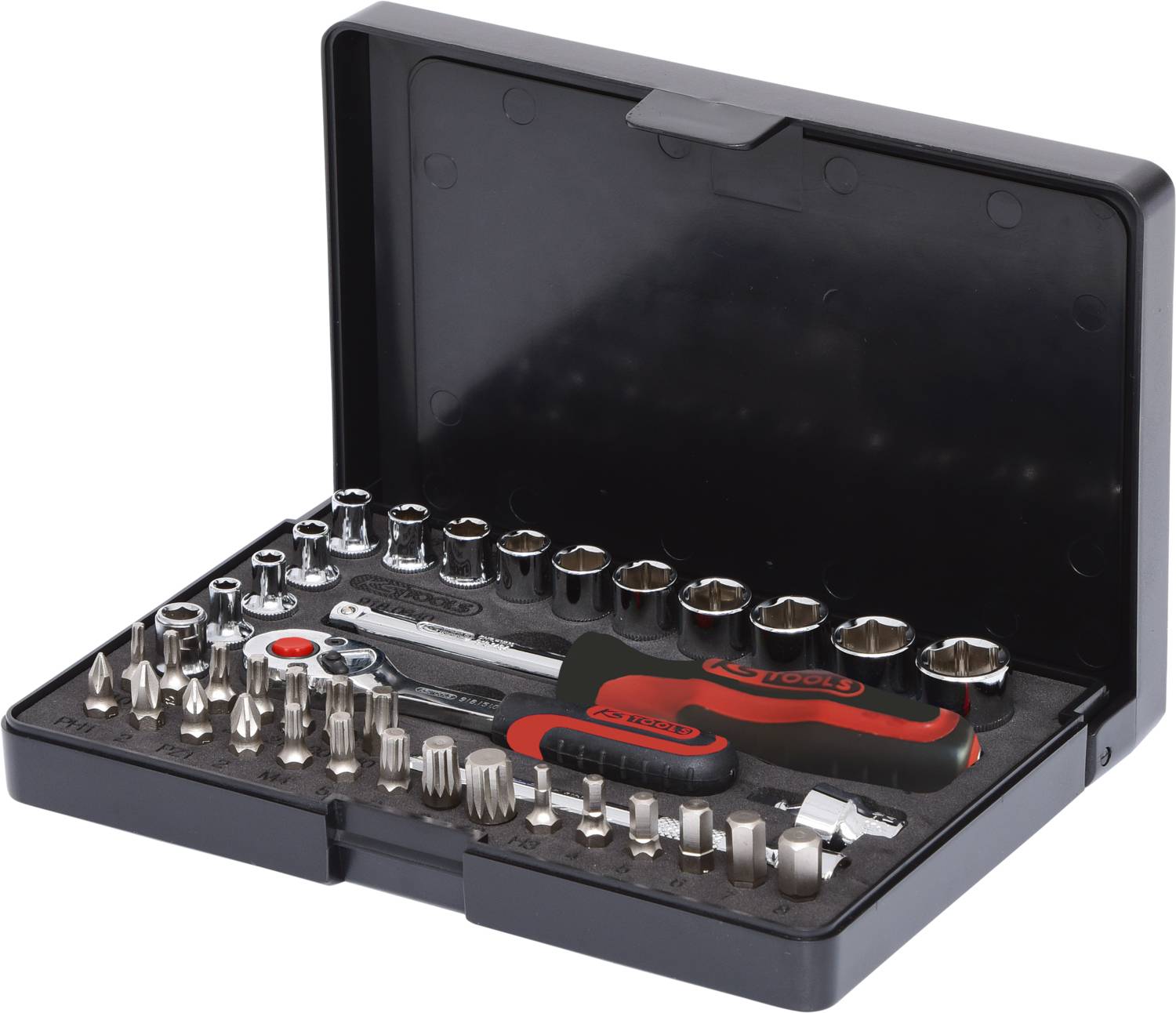 An open toolbox with various socket wrenches and a screwdriver, ready for use.